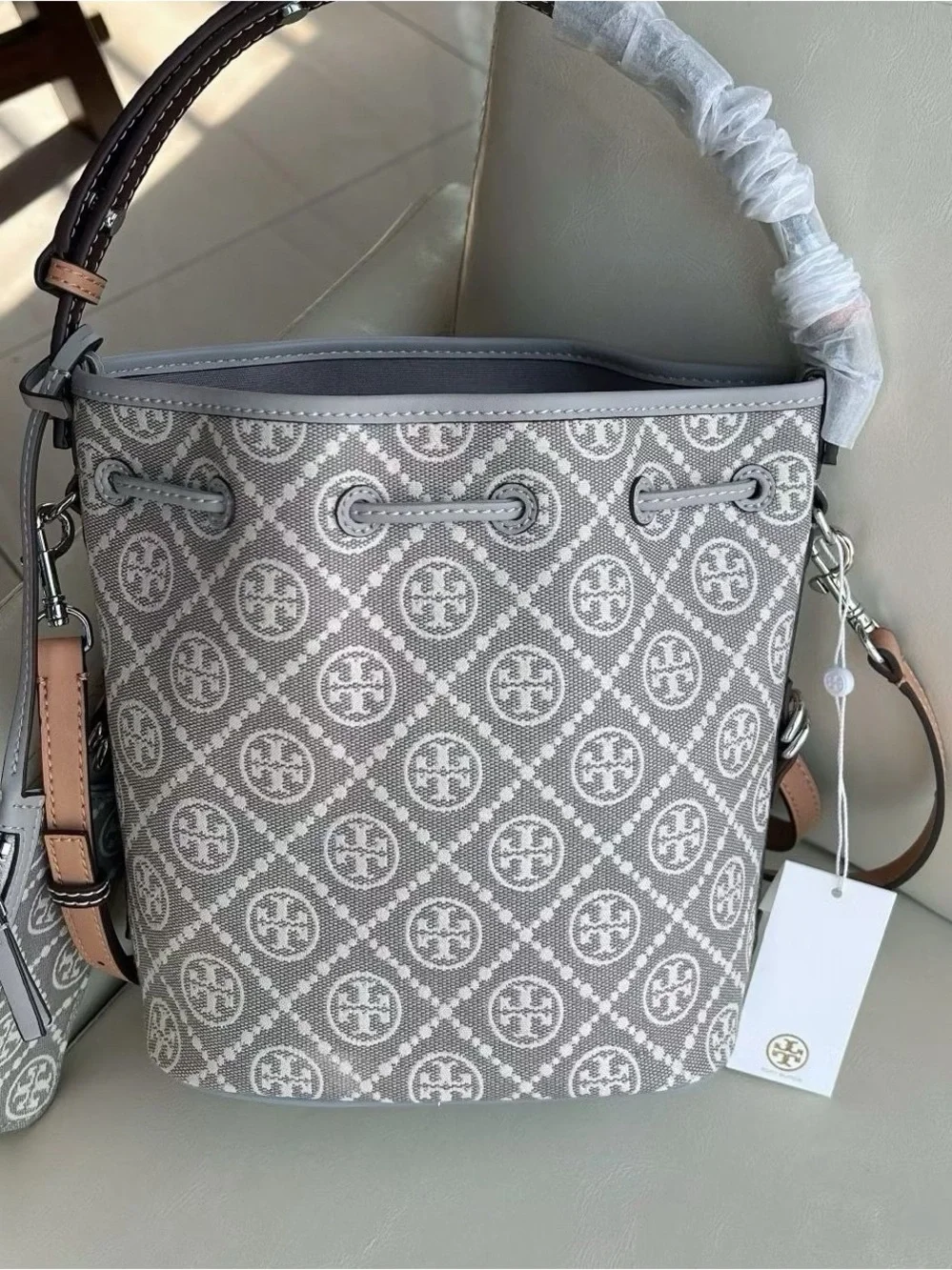 Tory Burch Light Gray Logo Drawstring Hobo Bag
